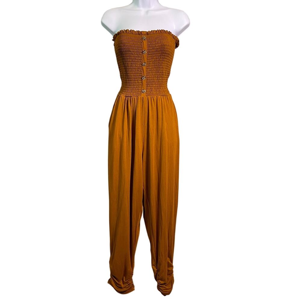 Full Circle Trends Smocked Strapless Jumpsuit Womens 1X Rust Orange Boho Harem
